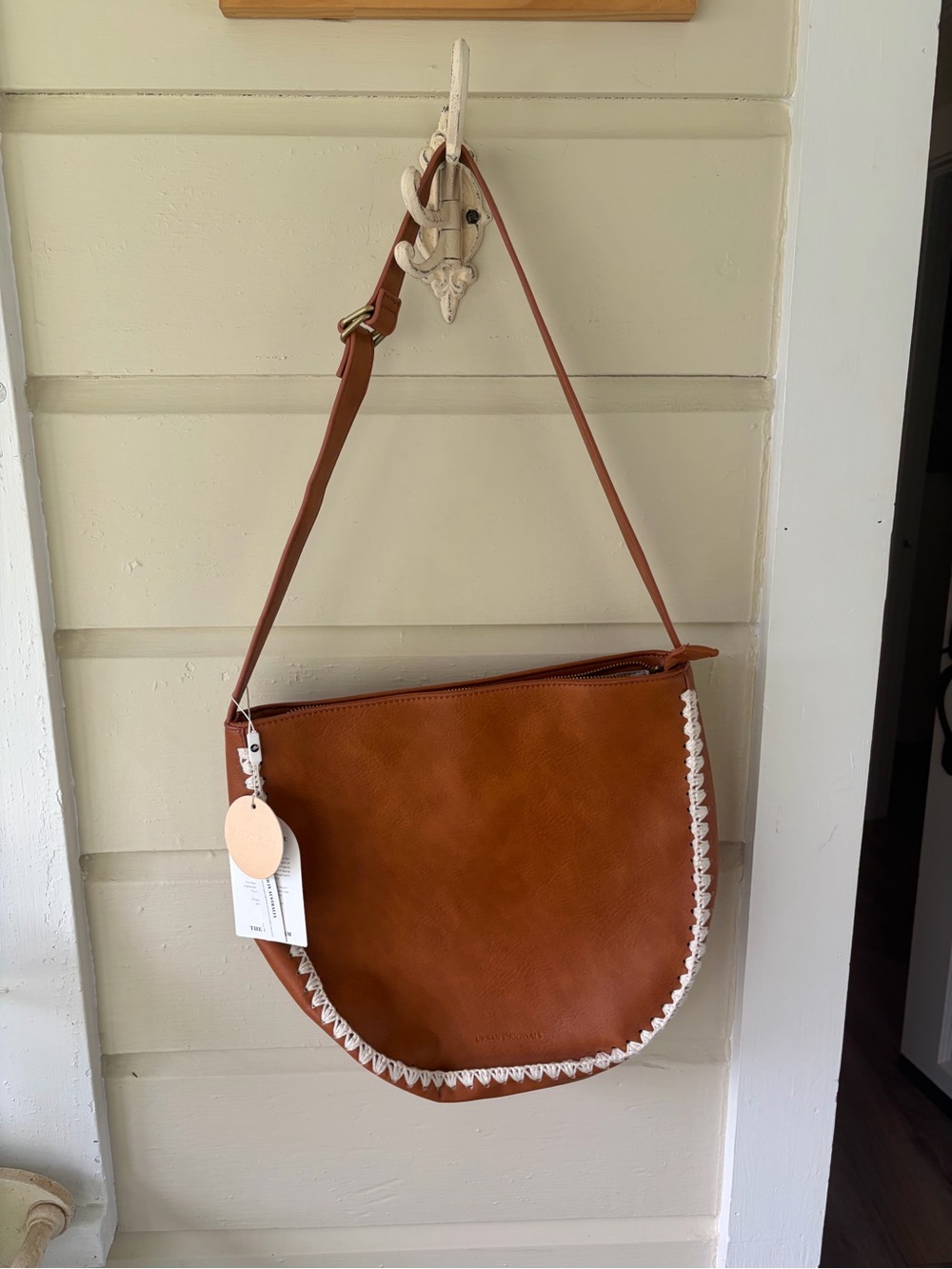 Women’s Tan Leather Shoulder Bag with White Trim